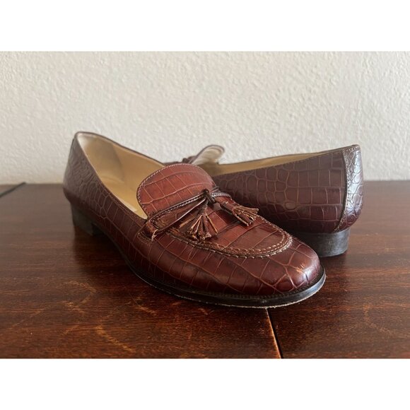 Talbots Womens Loafers Shoes Sz 7M Brown Tassel Leather Croc Embossed Italy - Picture 3 of 14